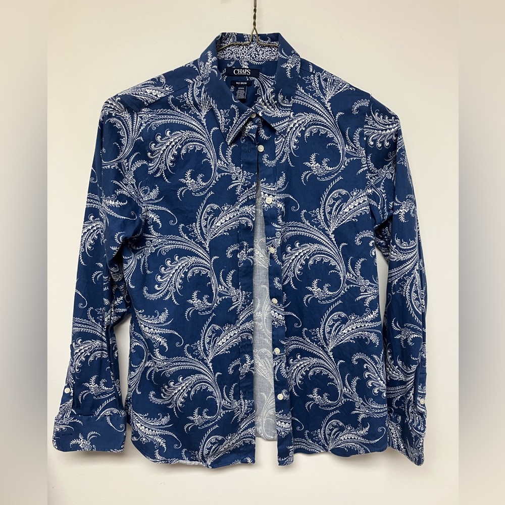 Chaps blouse, button-down, blue/white, M